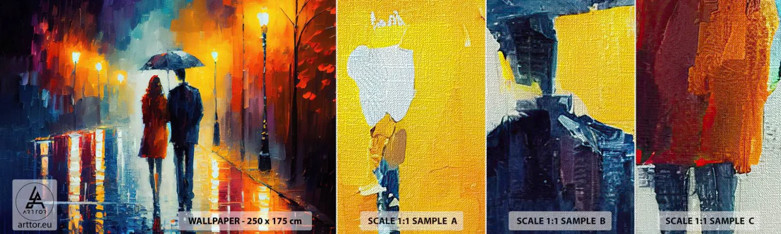 Fotobehang Monster Premium Canvas - Samen – een kleurrijke nacht - Stel, Romantisch, Wandeling - 100x30 cm