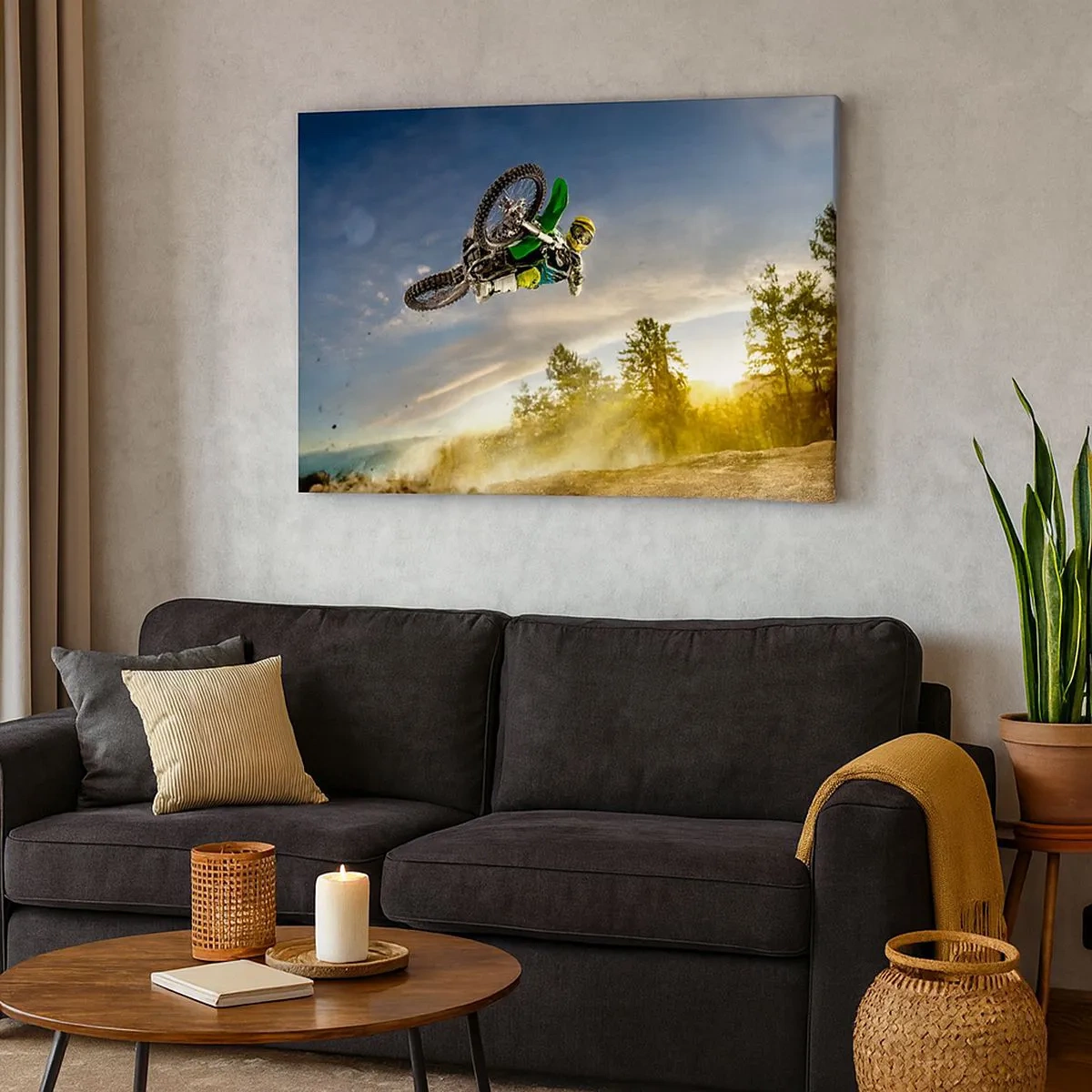 Schilderen op canvas - Motorrijder in een dynamische sprong - 70x50cm - Schakel emoties in! - Moderne wanddecoratie voor woonkamer en slaapkamer ARTTOR
