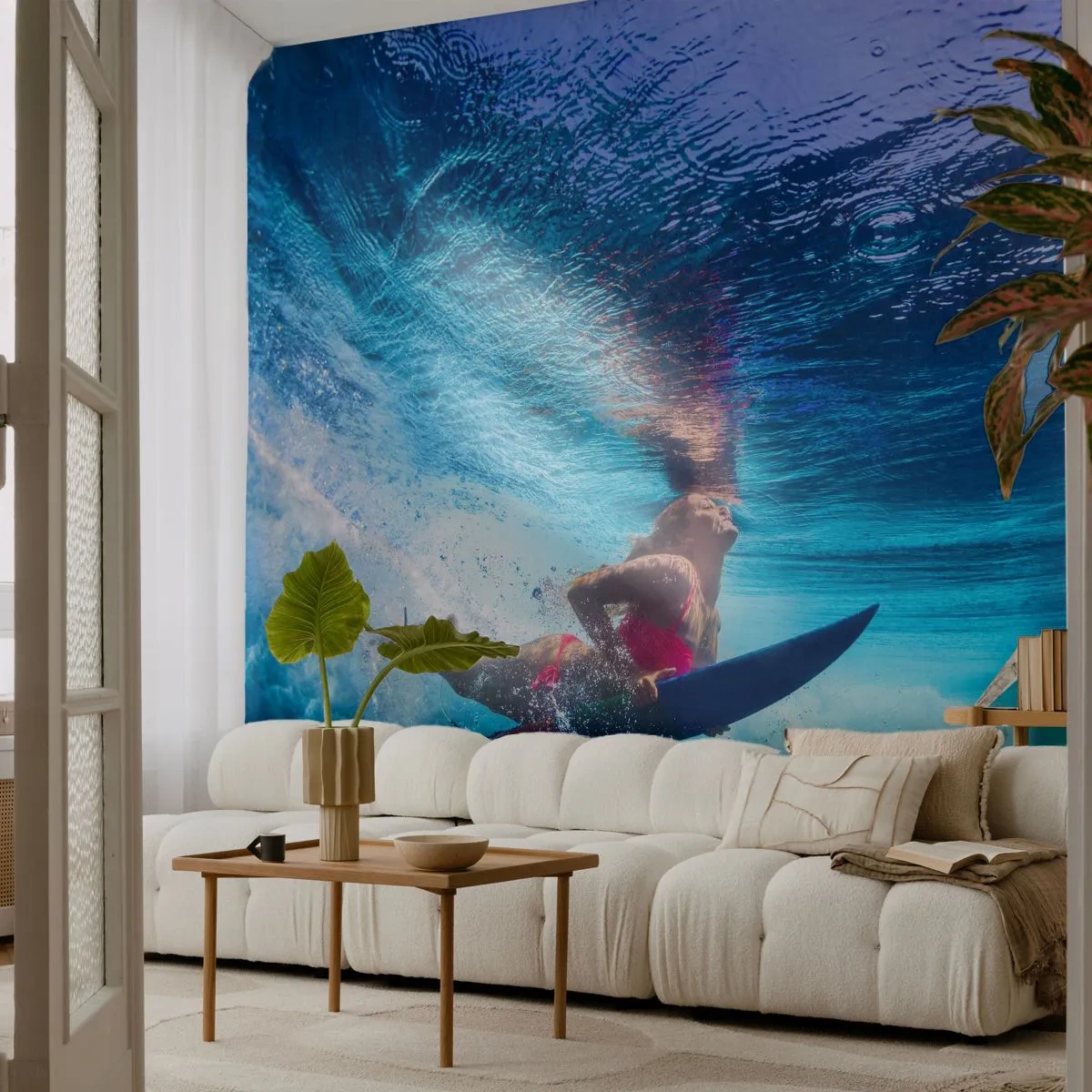 Fotobehang Premium Sand - De diepte van vreugde - Surfen, Vrouw, Sport - 100x70 cm