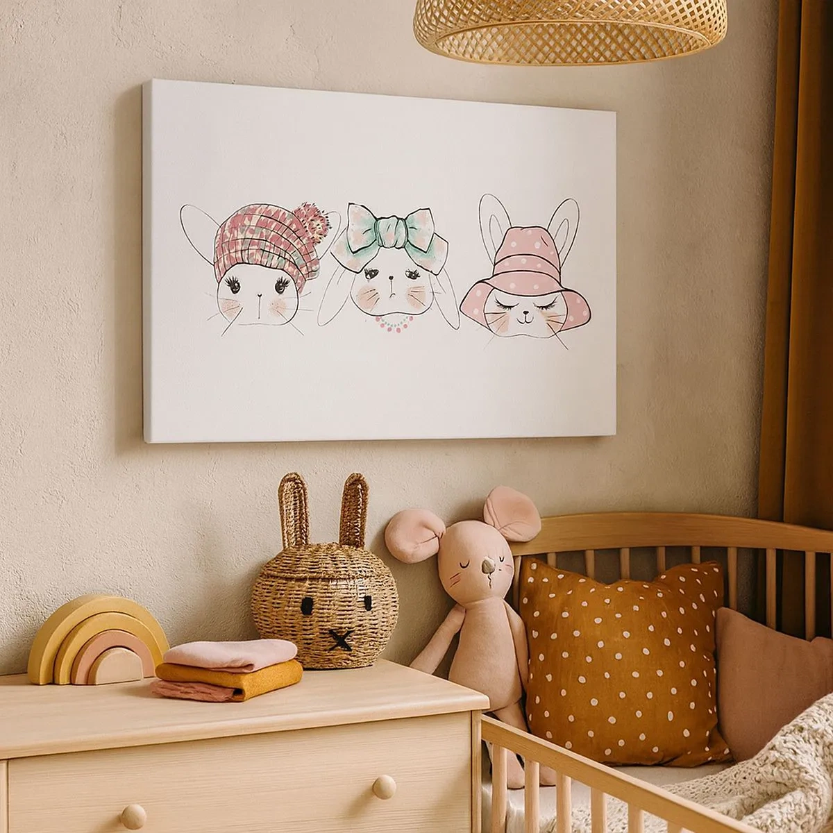 Schilderen op canvas - Schattige konijntjes met pastelkleurige hoofddeksels - 70x50cm - Peinzend, verdrietig, tevreden - Moderne wanddecoratie voor woonkamer en slaapkamer ARTTOR