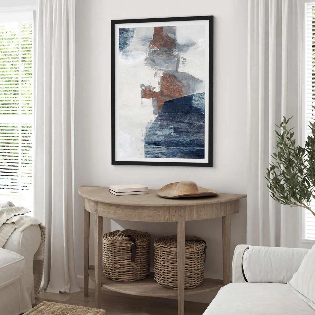 Poster in een zwarte lijst - Blauwe en bruine vormen - 61x91 cm