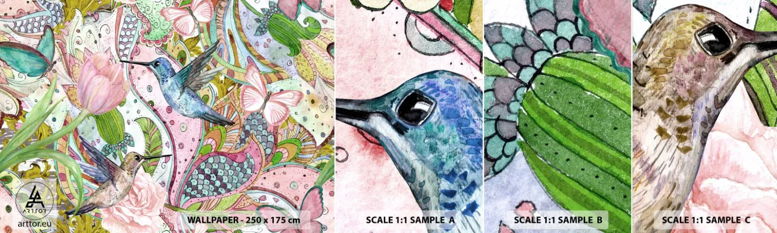 Fotobehang Monster Zelfklevend Deluxe Sticker - Verstrikt in wijnstokken - Bloemen, Vogel, Vlinder - 100x30 cm