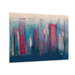 Schilderen op glas - Verticale penseelstreken in rood en blauw op een beige achtergrond - 70x50cm - Verticale compositie in blauw en rood - Moderne wanddecoratie voor woonkamer en slaapkamer ARTTOR
