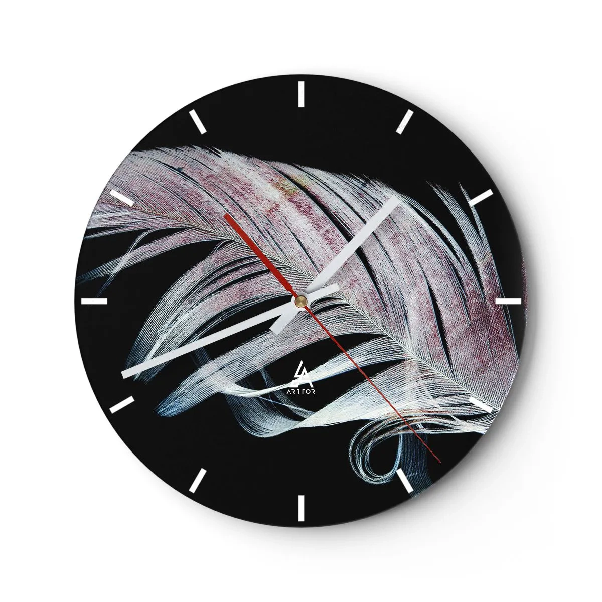 Wandklok - Klok - Een delicate veer in pastelkleuren op een zwarte achtergrond - 30x30cm - Denk aan aanraking - Moderne wanddecoratie voor woonkamer, keuken en slaapkamer ARTTOR