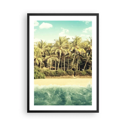 Poster in een zwarte lijst - Tropisch strand met palmbomen en azuurblauw water - 50x70cm - Hoe zit het hier? - Moderne wanddecoratie voor woonkamer en slaapkamer ARTTOR