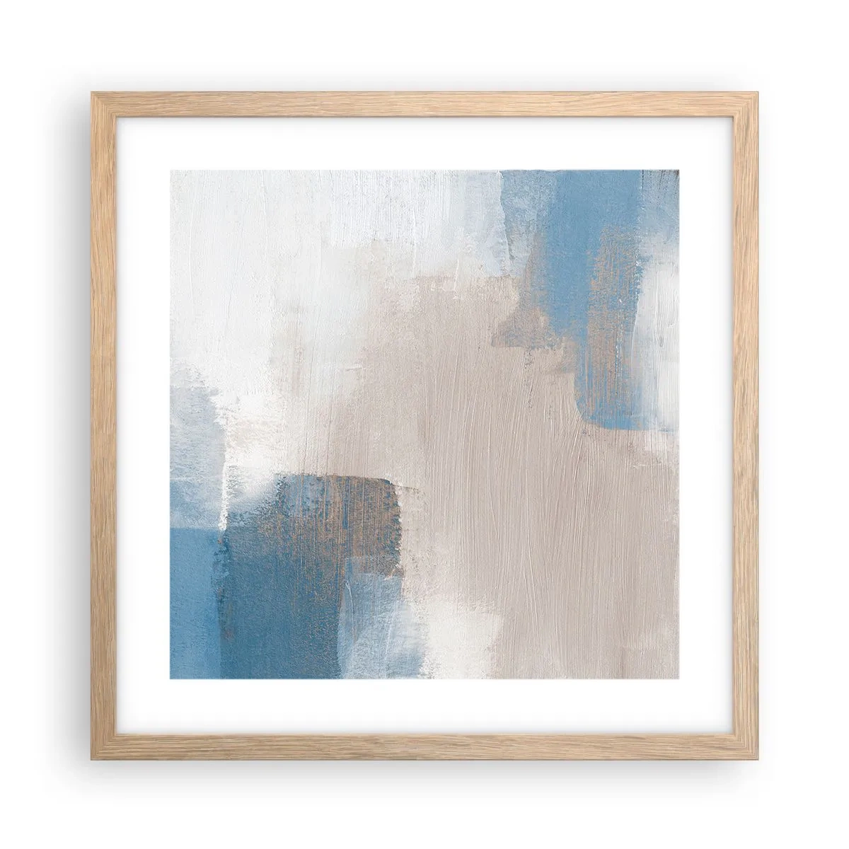 Een poster in een licht eiken lijst - Roze abstractie achter een blauw gordijn - 40x40 cm