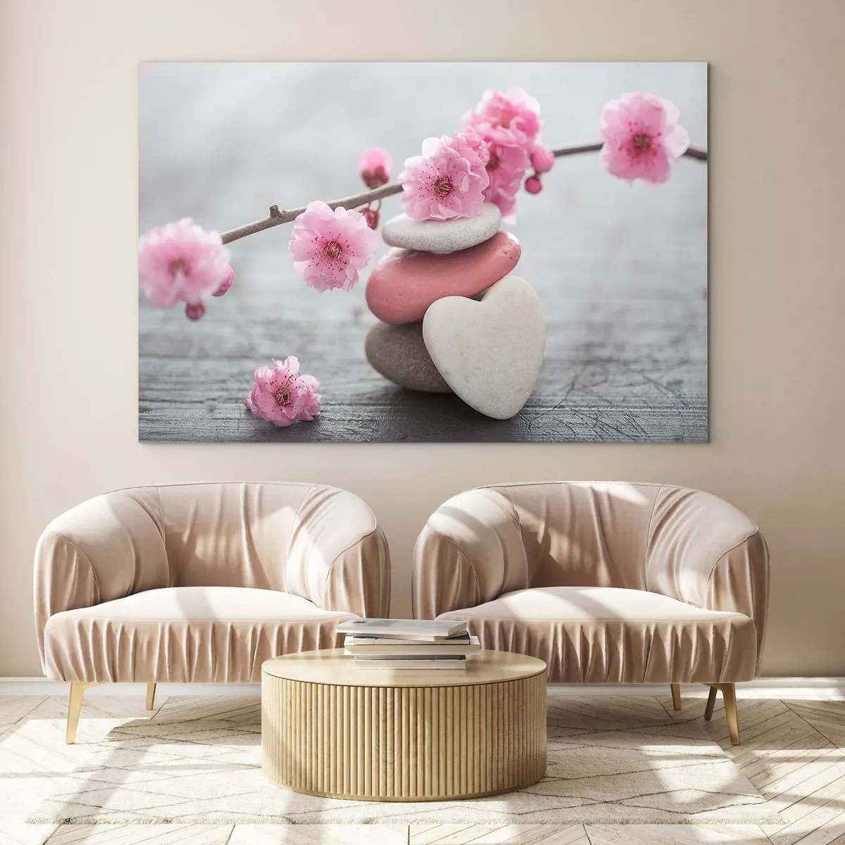Schilderen op glas - Roze kersenbloesems en hartvormige stenen - 70x50cm - Gelukzaligheid met een kersenbloesem - Moderne wanddecoratie voor woonkamer en slaapkamer ARTTOR