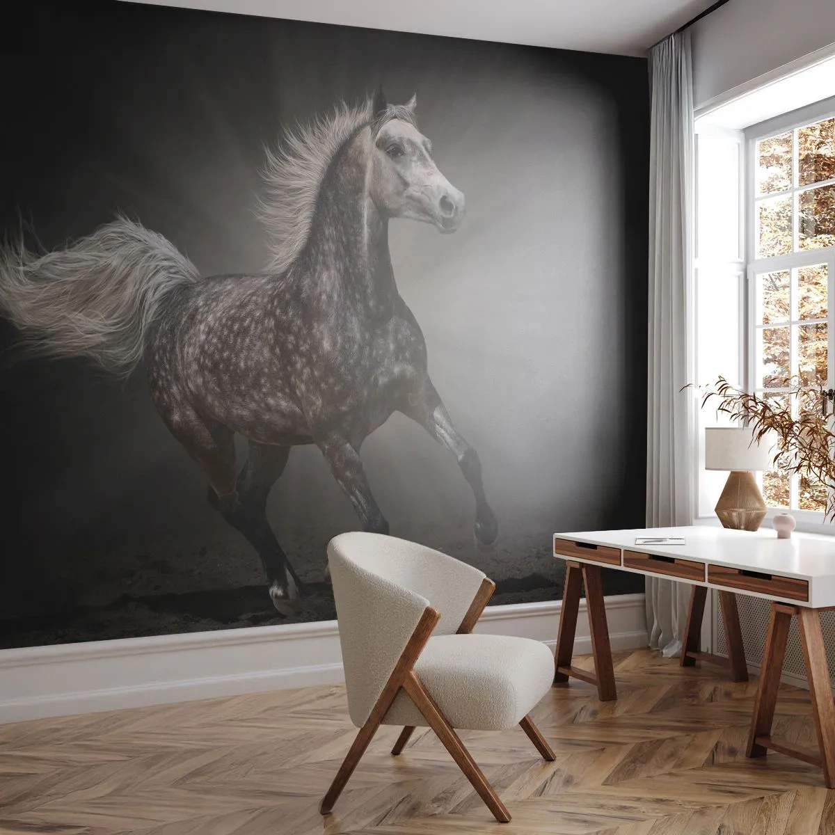 Fotobehang Premium Canvas - Grijs is mooi - Dieren, Arabisch paard, Natuur - 350x256 cm