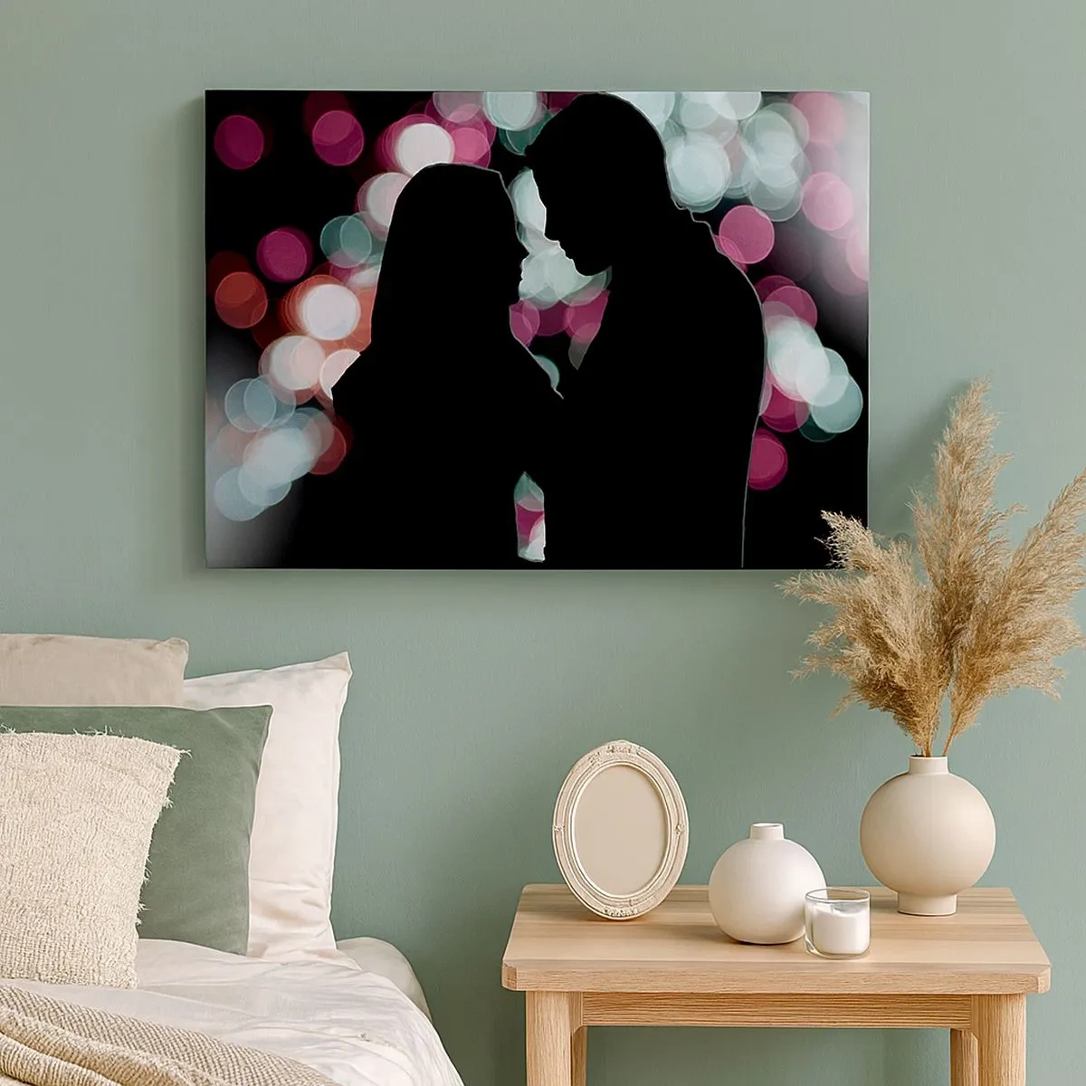 Schilderen op canvas - Silhouetten van een paar tegen een achtergrond van kleurrijke bokehlichten - 70x50cm - Ja! - Moderne wanddecoratie voor woonkamer en slaapkamer ARTTOR