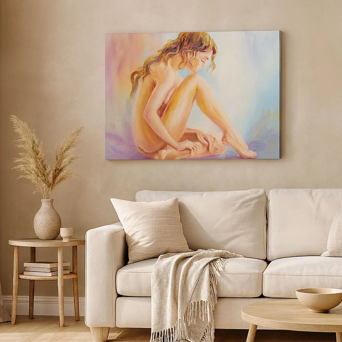 Schilderen op canvas - Een delicate vrouwenfiguur op een pastelkleurige achtergrond - 70x50cm - De daad van de jeugd - Moderne wanddecoratie voor woonkamer en slaapkamer ARTTOR