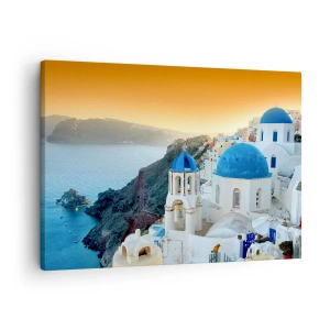 Schilderen op canvas - Uitzicht op Santorini met witte gebouwen en blauwe zee - 70x50cm - Santorini - genesteld tegen de rotsen - Moderne wanddecoratie voor woonkamer en slaapkamer ARTTOR
