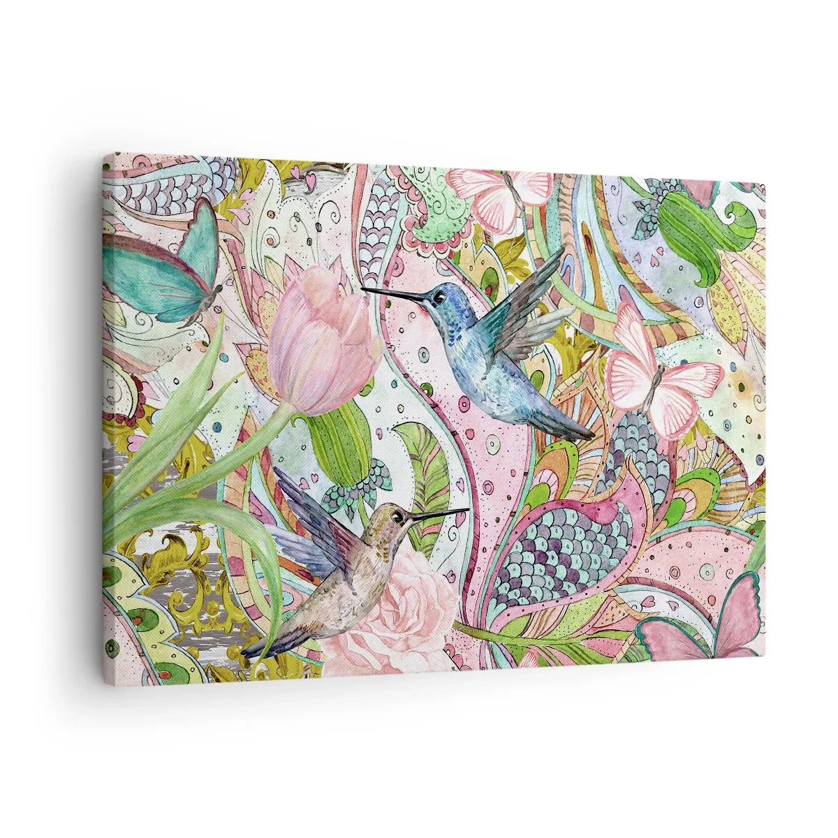 Schilderen op canvas - Kleurrijke kolibries en vlinders tussen de planten - 70x50cm - Verstrikt in wijnstokken - Moderne wanddecoratie voor woonkamer en slaapkamer ARTTOR