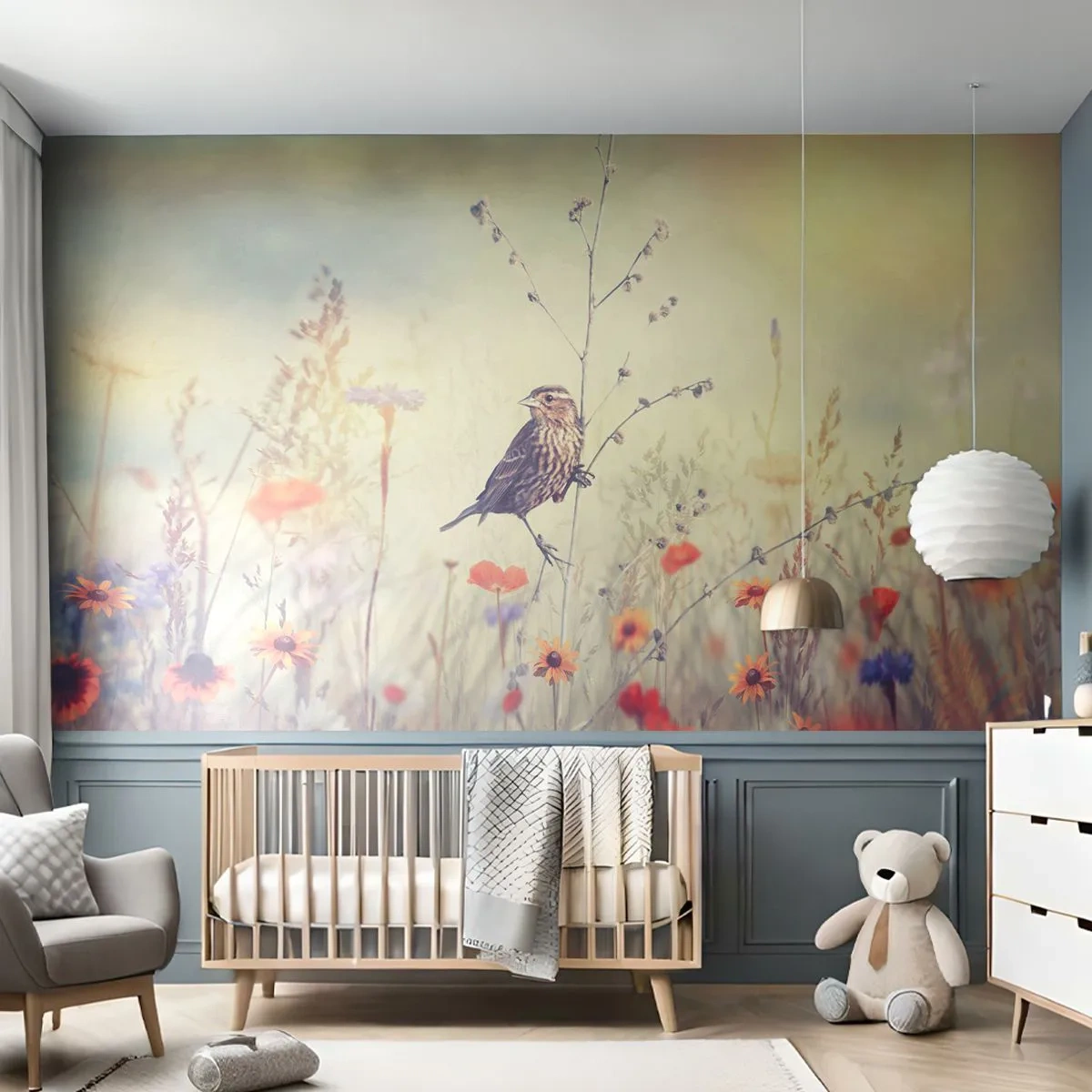 Fotobehang Standard Eco - Vogelportret met een weiland op de achtergrond - Vogel, Wei, Natuur - 500x350 cm