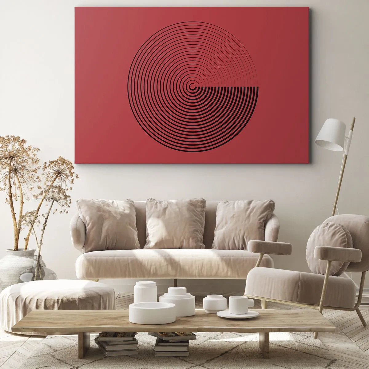 Schilderen op canvas - Concentrische cirkels op een rode achtergrond - 70x50cm - Circulaire beweging - Moderne wanddecoratie voor woonkamer en slaapkamer ARTTOR