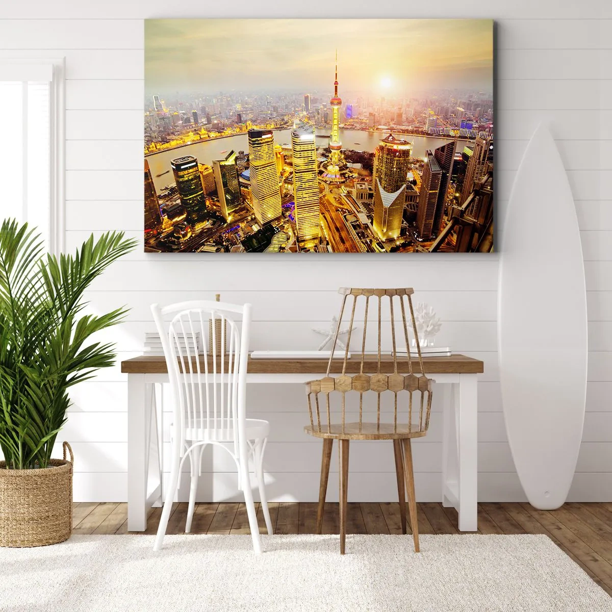 Schilderen op canvas - Stadspanorama met wolkenkrabbers bij zonsondergang - 70x50cm - Aziatische droom - Moderne wanddecoratie voor woonkamer en slaapkamer ARTTOR