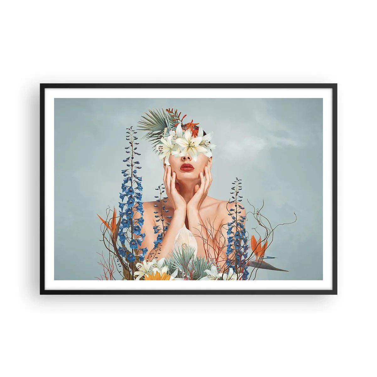 Poster in een zwarte lijst - Vrouw - bloem - 100x70 cm