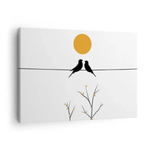 Schilderen op canvas - Vogels op een lijn met een gele zon - 70x50cm - Nachtegalen avond - Moderne wanddecoratie voor woonkamer en slaapkamer ARTTOR