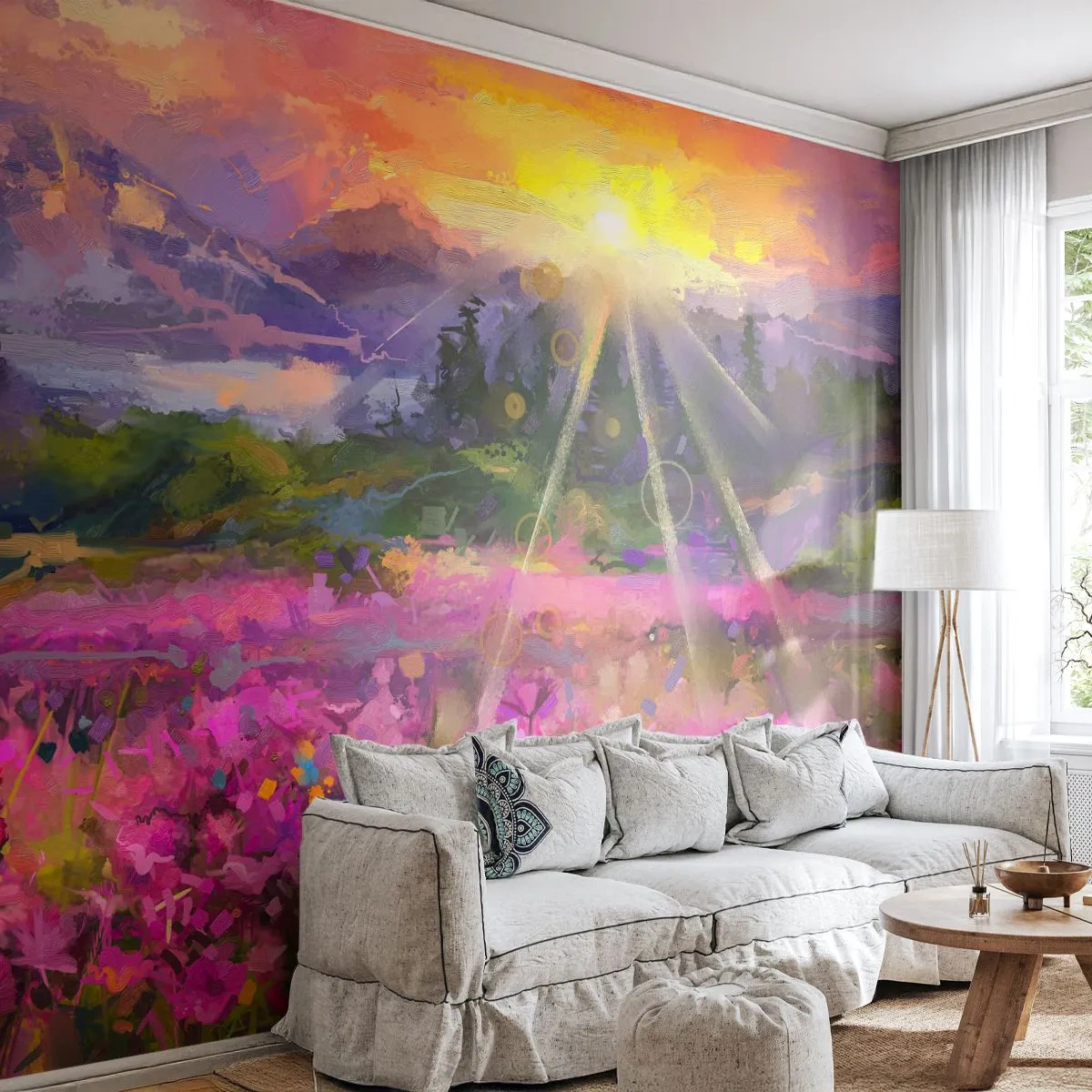 Zelfklevend Fotobehang Deluxe Sticker - In de vallei onder de bescherming van de zon - Abstractie, Landschap, Bloemen - 200x140 cm
