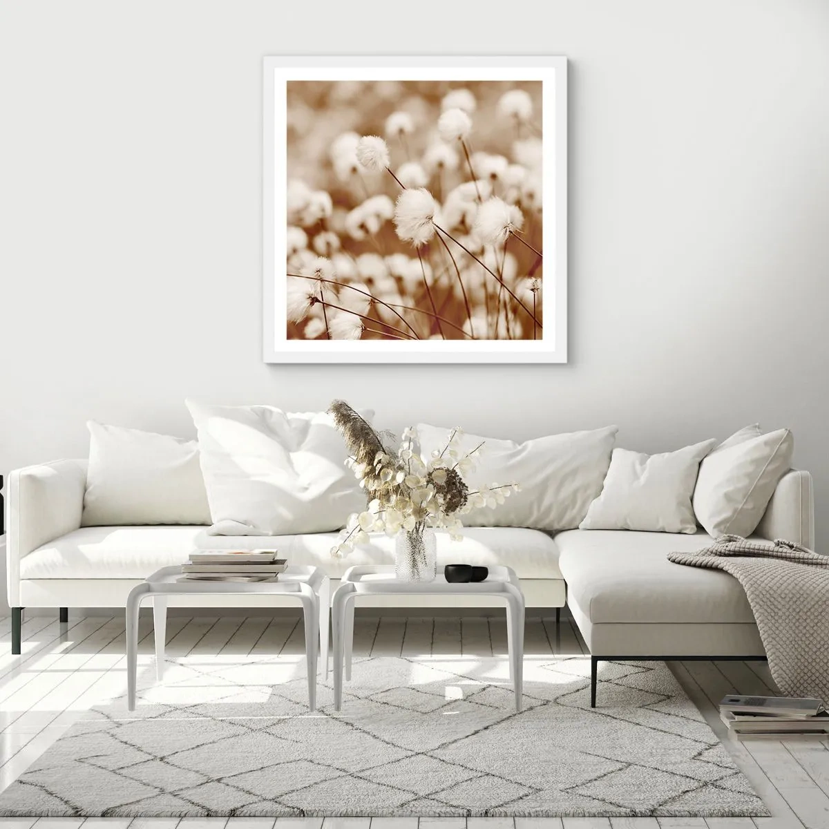 Poster in een witte lijst - Pluizig korenveld - 60x60 cm