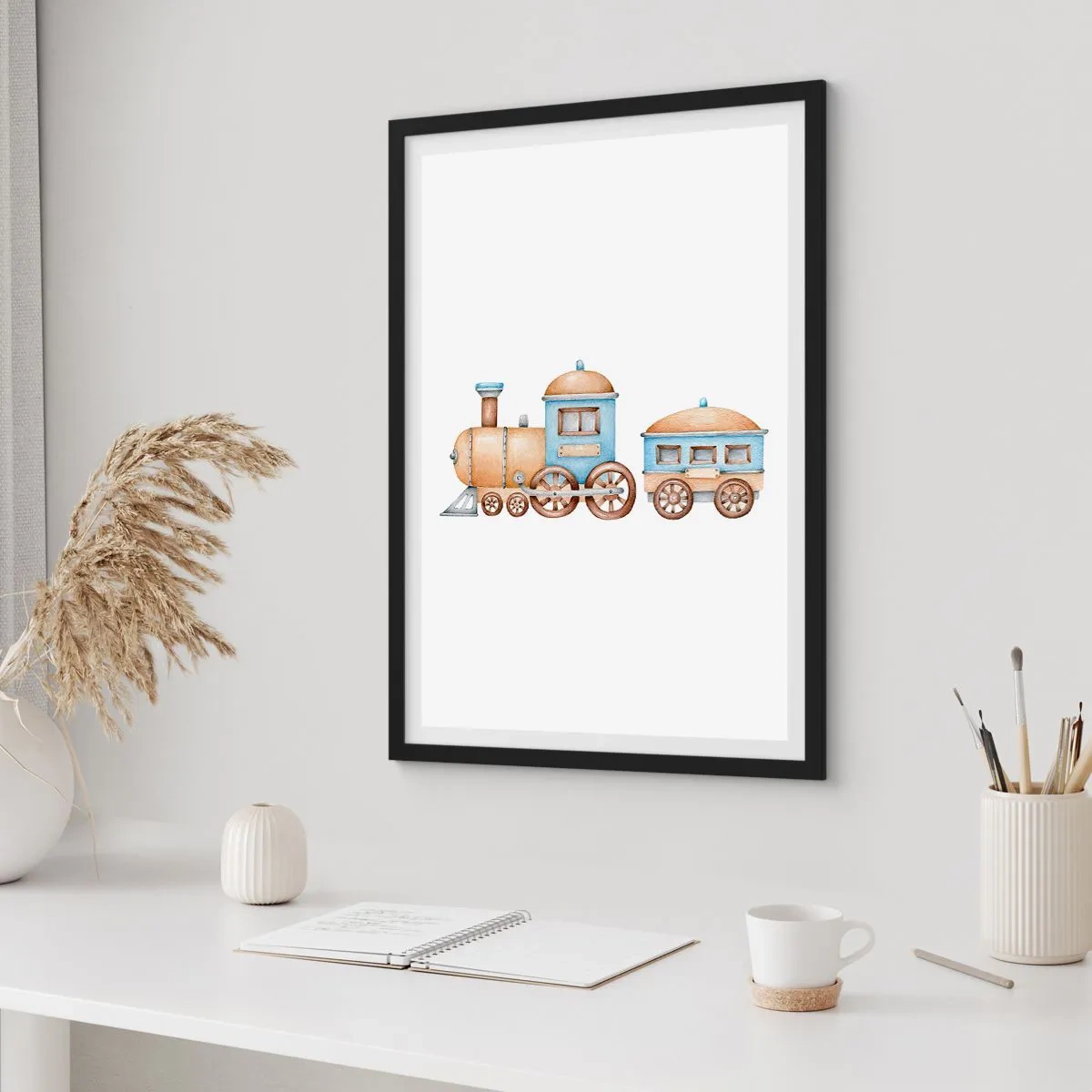 Poster in een zwarte lijst - Aquareltrein in tinten blauw en beige - 50x70cm - Hij staat op het station... - Moderne wanddecoratie voor woonkamer en slaapkamer ARTTOR