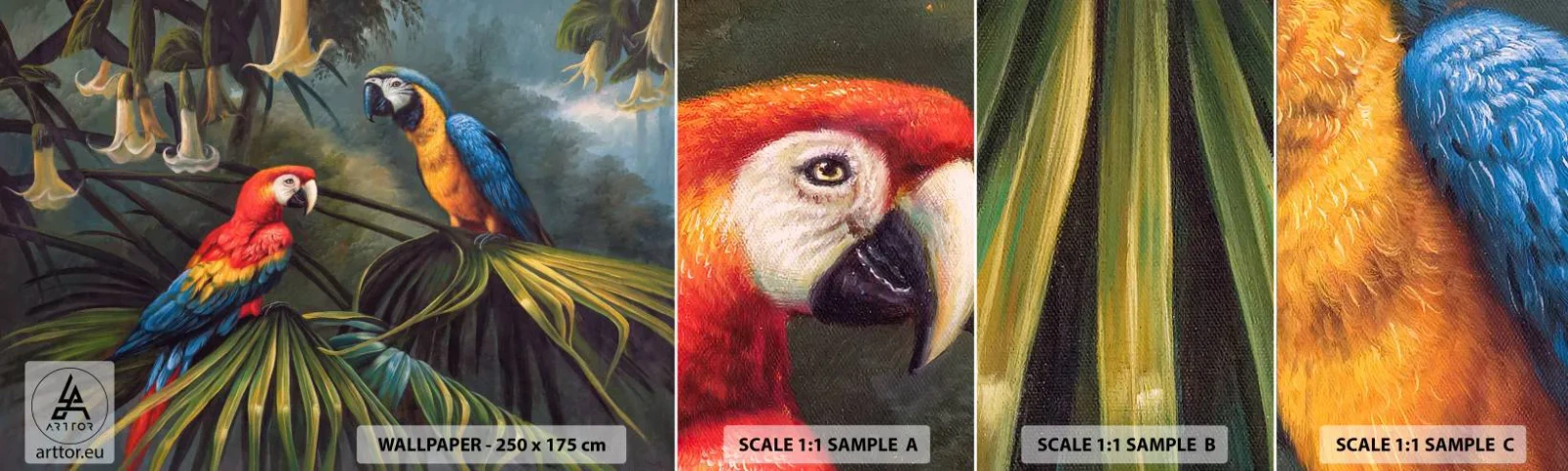 Fotobehang Staaltje Standard Eco - Romantiek in de tropen - Ara papegaai, Dieren, Tropisch bos - 100x30 cm