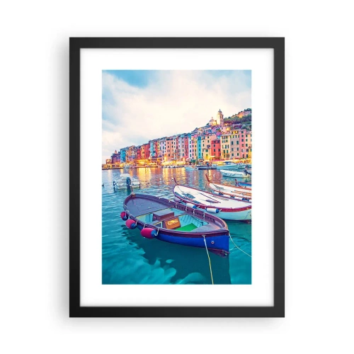 Poster in een zwarte lijst - Kleurrijke avond in de haven - 30x40 cm