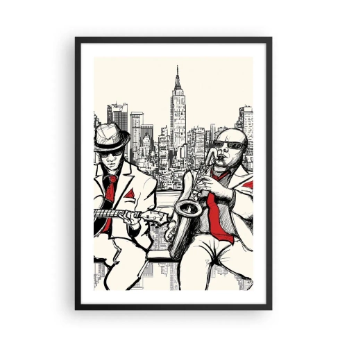 Poster in een zwarte lijst - Twee jazzmuzikanten tegen de achtergrond van de skyline van de stad - 50x70cm - Improvisatie van New York - Moderne wanddecoratie voor woonkamer en slaapkamer ARTTOR