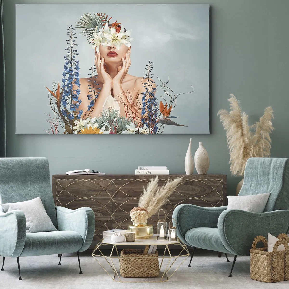 Schilderen op canvas - Portret van een vrouw met een bloemenmotief tegen een blauwe achtergrond - 70x50cm - Vrouw - bloem - Moderne wanddecoratie voor woonkamer en slaapkamer ARTTOR