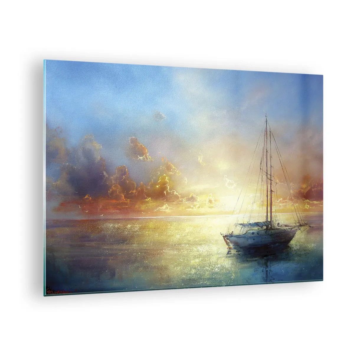 Schilderen op glas - Een zeilboot op een kalme zee bij een gouden zonsondergang - 70x50cm - In een gouden baai - Moderne wanddecoratie voor woonkamer en slaapkamer ARTTOR