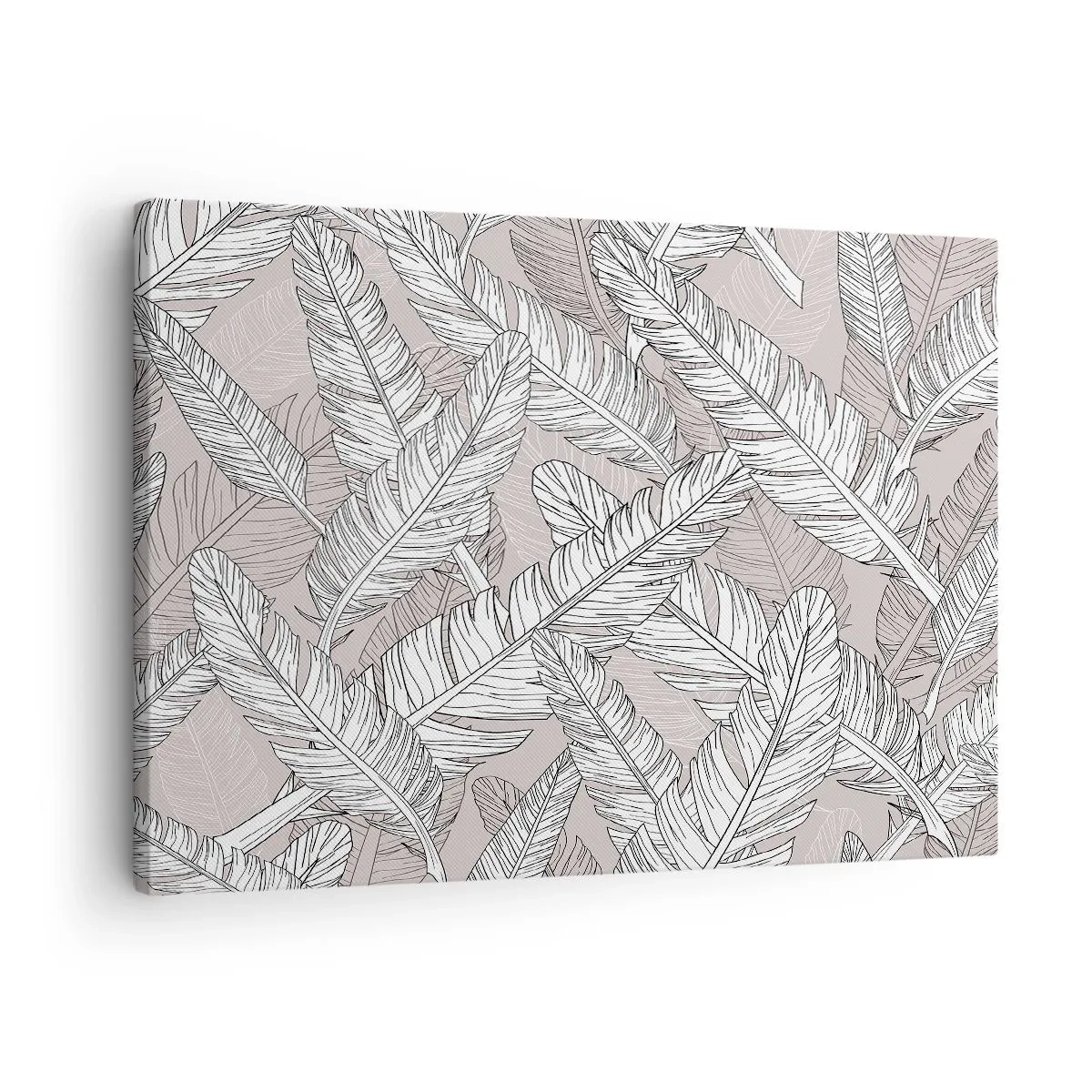 Schilderen op canvas - Zwart-wit patroon met bananenbladeren op een lichte achtergrond - 70x50cm - Een verenwerveling - Moderne wanddecoratie voor woonkamer en slaapkamer ARTTOR