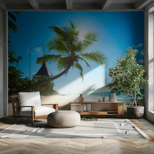Fotobehang Premium Canvas - Aan niemand laten zien - Landschap, Strand, Kokospalm - 400x280 cm