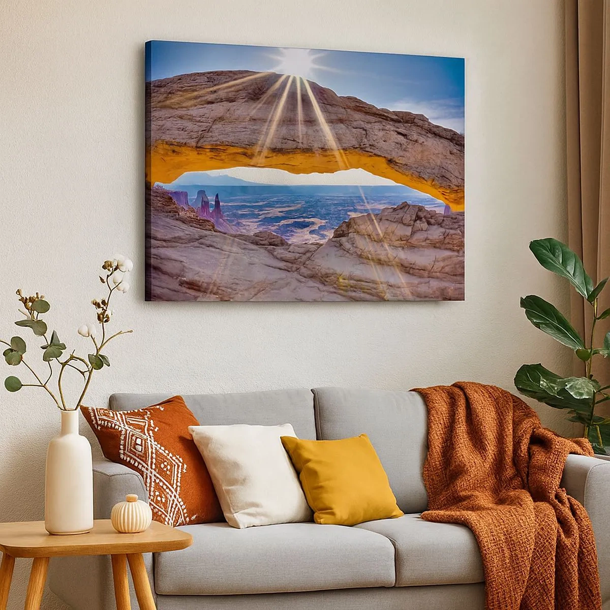 Schilderen op canvas - Rotsboog met uitzicht op de kloof bij zonsopgang - 70x50cm - Door de rotspoort - Moderne wanddecoratie voor woonkamer en slaapkamer ARTTOR