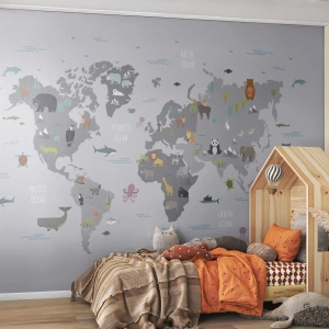 Zelfklevend Fotobehang Deluxe Sticker - Vertel me waar je vandaan komt ... - Wereldkaart, Dieren, Continenten - 350x256 cm