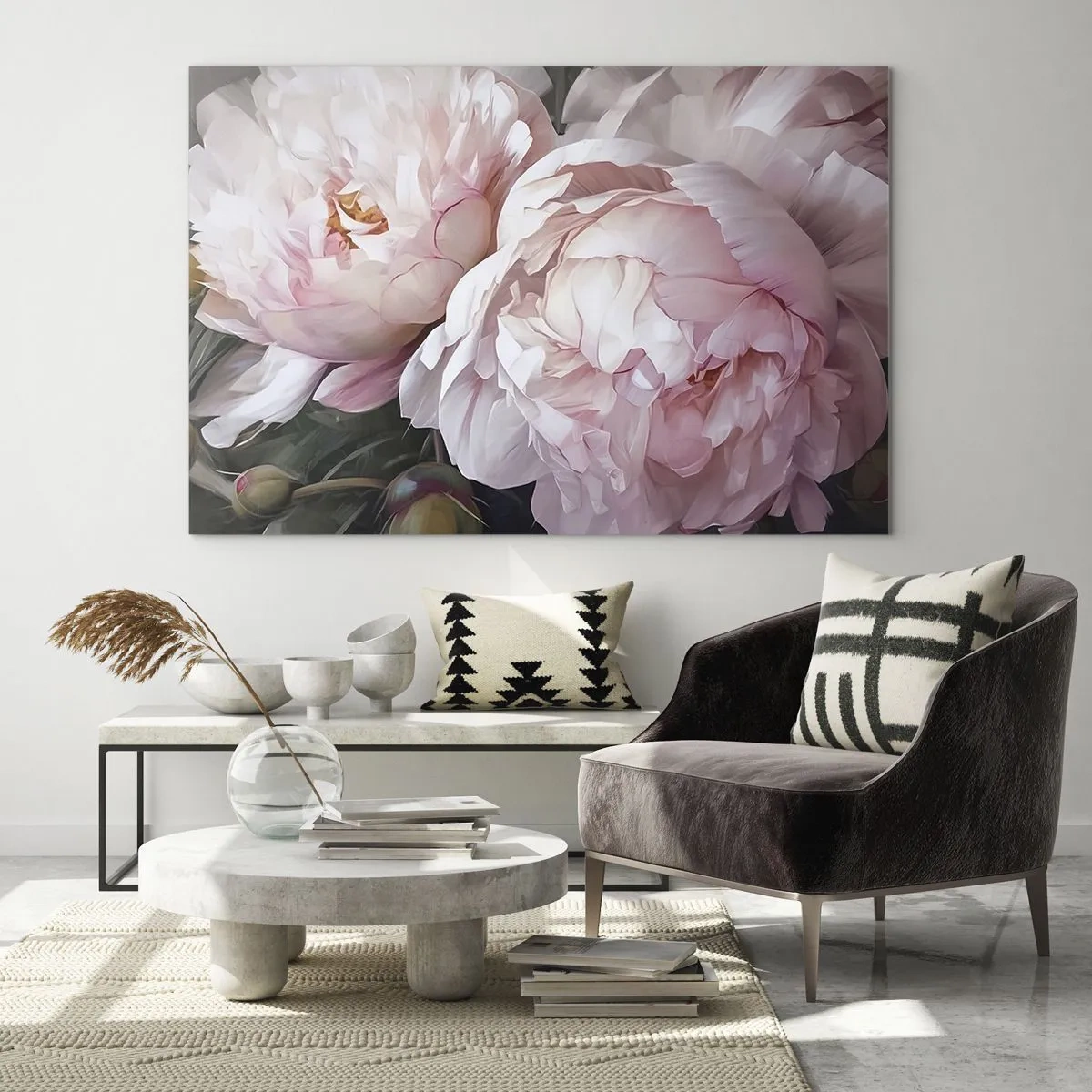 Schilderen op glas - Delicate pioenrozen in een lichtroze tint van dichtbij - 70x50cm - In bloei gestopt - Moderne wanddecoratie voor woonkamer en slaapkamer ARTTOR