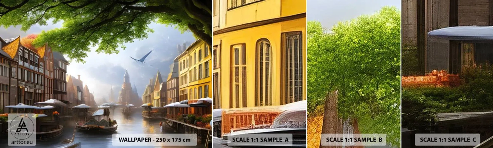 Fotobehang Monster Zelfklevend Deluxe Sticker - Hollands stadsbeeld - Oude stad, Boten, Kanaal - 100x30 cm