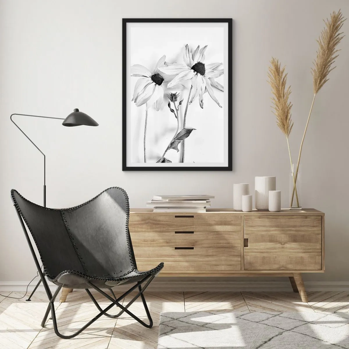 Poster in een zwarte lijst - Zwart-witte bloemen in minimalistische stijl op een lichte achtergrond - 50x70cm - Niemand wil alleen zijn - Moderne wanddecoratie voor woonkamer en slaapkamer ARTTOR