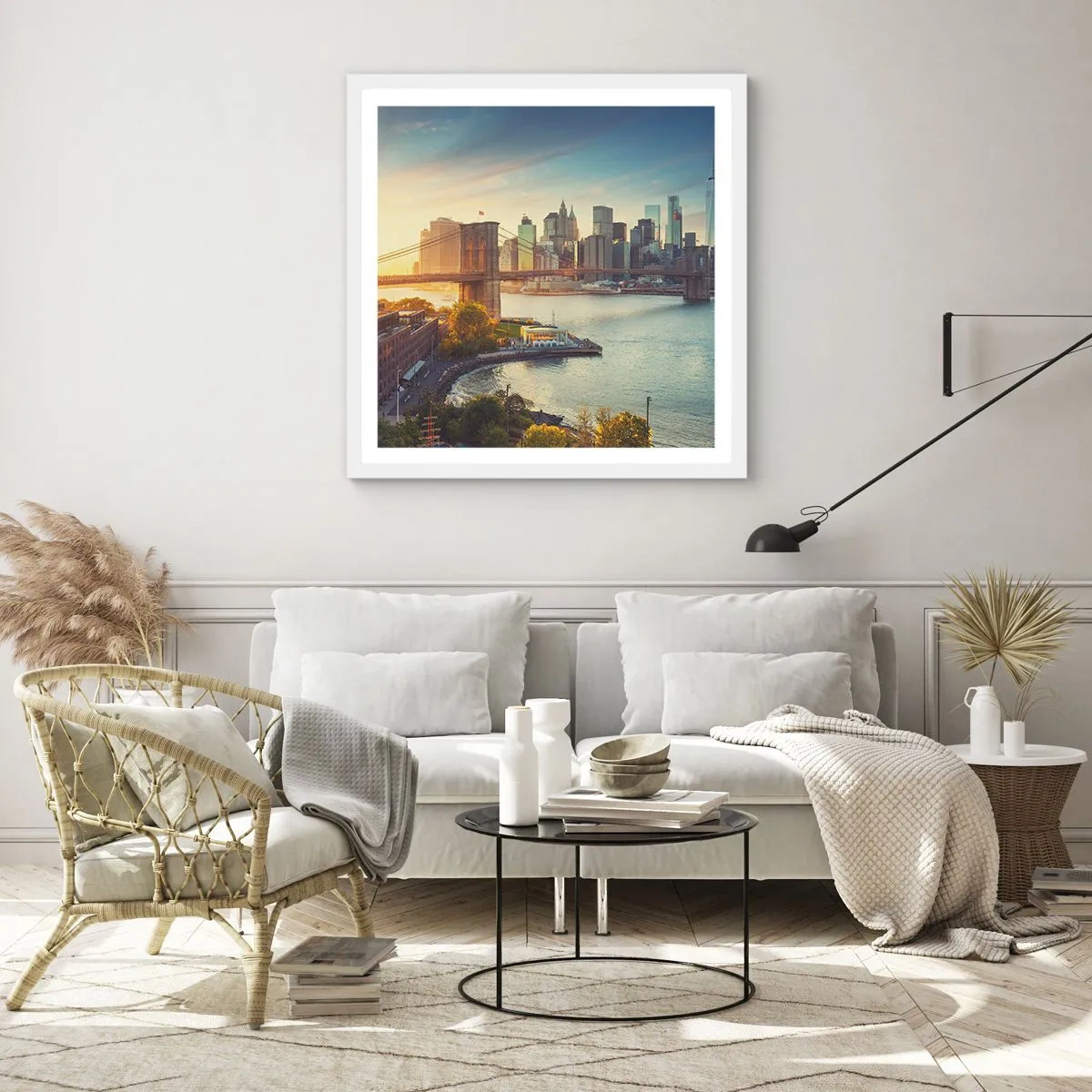 Poster in een witte lijst - Dageraad in de grote stad - 30x30 cm