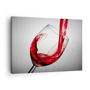 Schilderen op canvas - Een glas rode wijn wordt tegen een lichte achtergrond ingeschonken - 70x50cm - Kleur - beweging - geluid - Moderne wanddecoratie voor woonkamer en slaapkamer ARTTOR