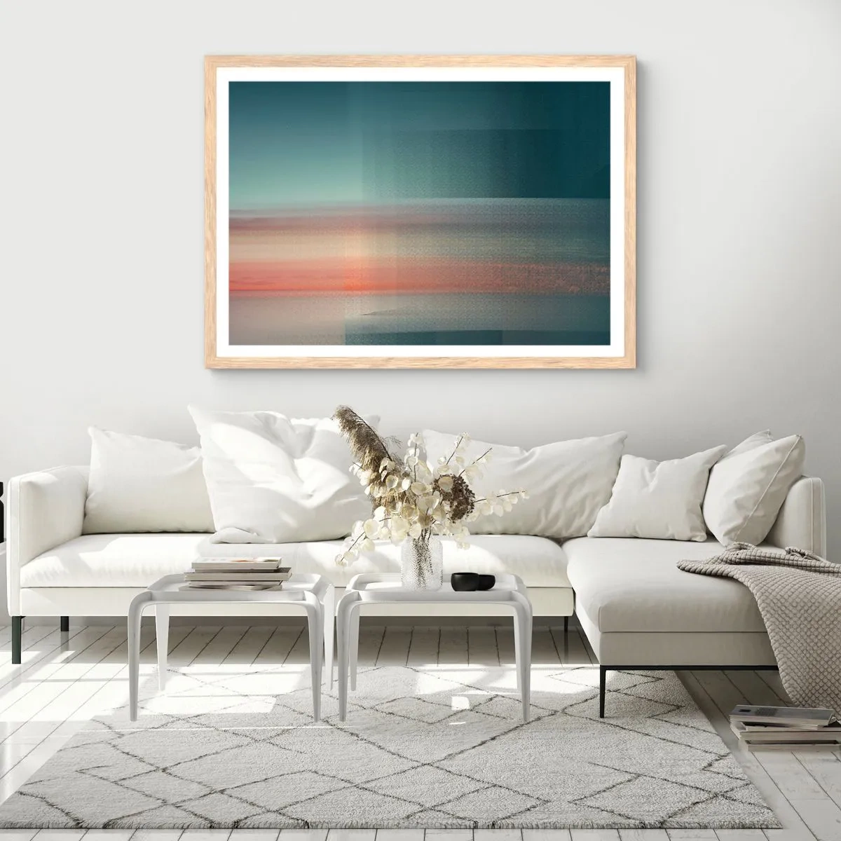 Een poster in een licht eiken lijst - Abstractie: golven van licht - 100x70 cm