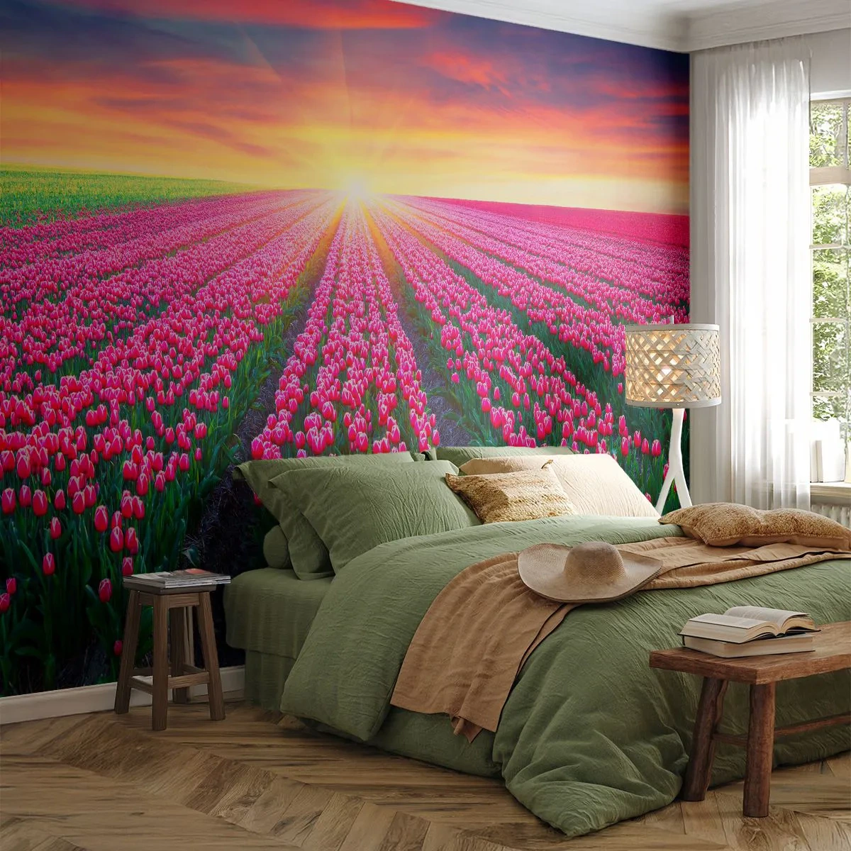 Zelfklevend Fotobehang Deluxe Sticker - Beautyfarm - Bloemen, Tulpen, Zonsondergang - 250x175 cm