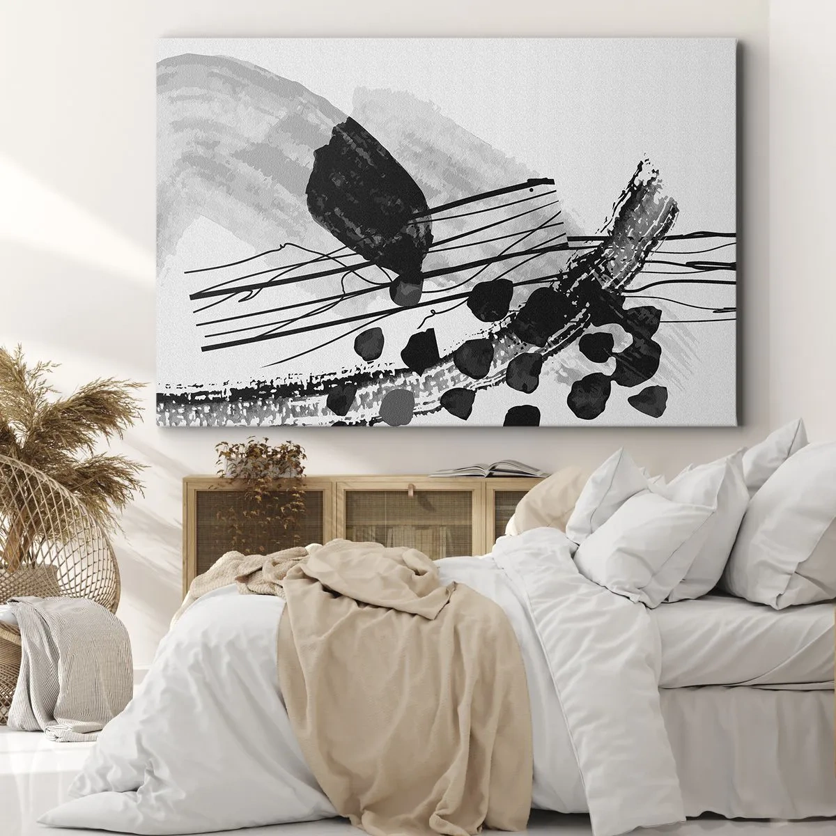 Schilderen op canvas - Zwart-wit abstracte compositie met organische vormen - 70x50cm - Zwart-wit organische abstractie - Moderne wanddecoratie voor woonkamer en slaapkamer ARTTOR