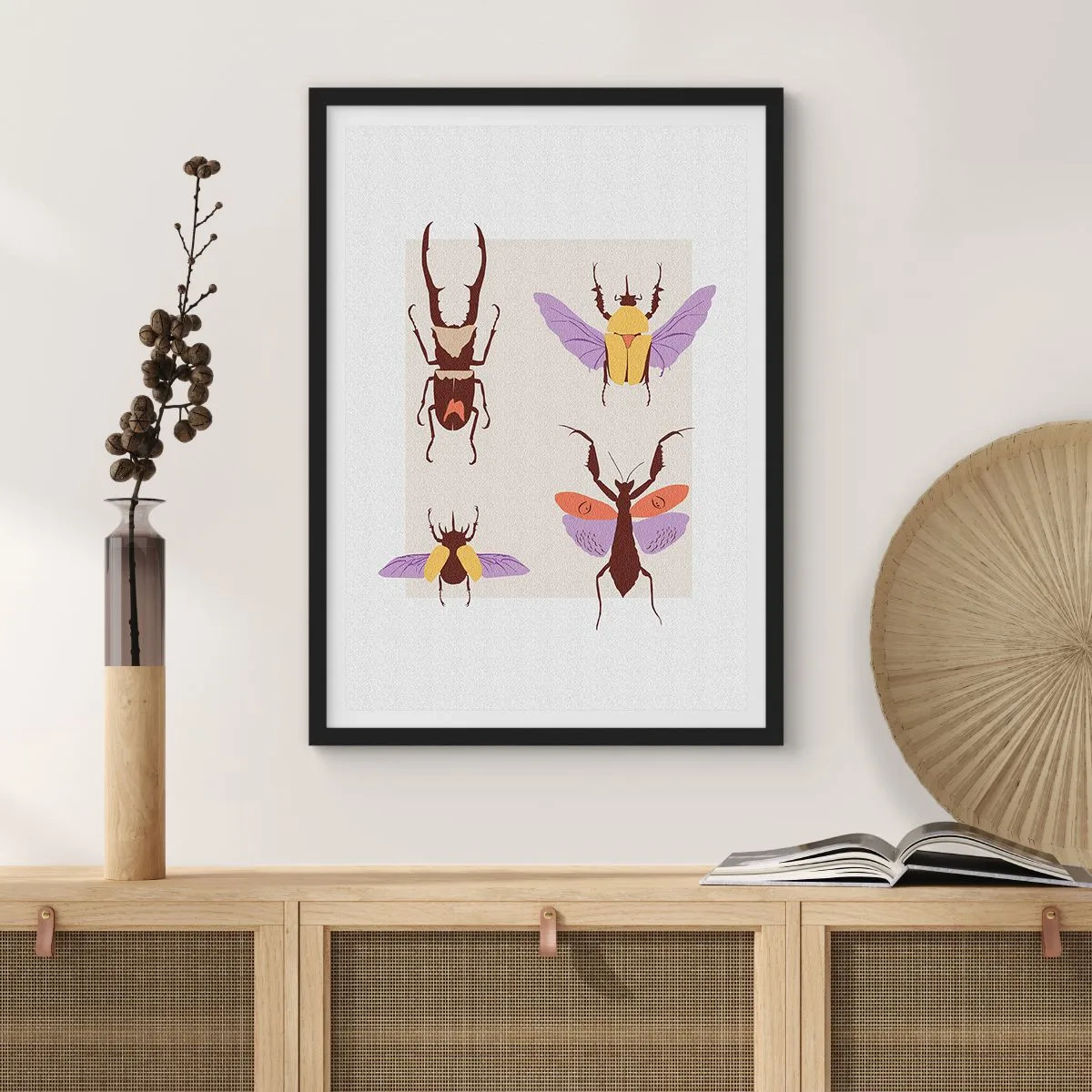 Poster in een zwarte lijst - Kleurrijke kevers op een lichte achtergrond - 50x70cm - Insectenwereld - Moderne wanddecoratie voor woonkamer en slaapkamer ARTTOR