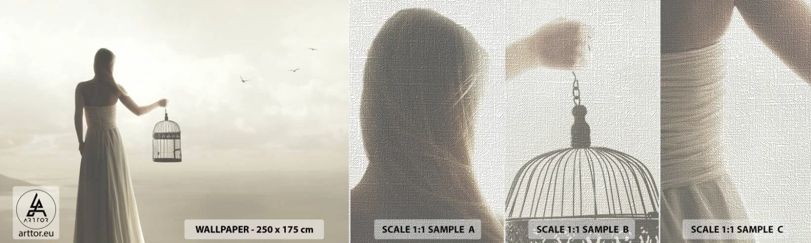 Fotobehang Monster Premium Canvas - Wees vrij - Vrouw, Vogelkooi, Vogel - 100x30 cm