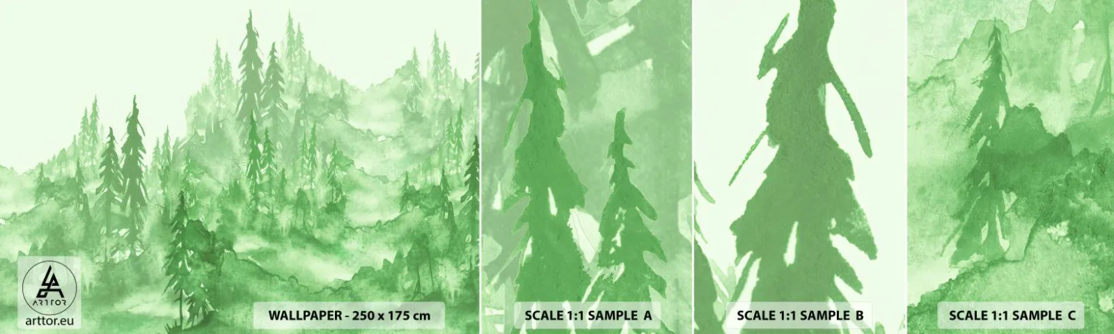 Fotobehang Monster Zelfklevend Deluxe Sticker - Wazig met groene mist - Woud, Grafisch, Landschap - 100x30 cm