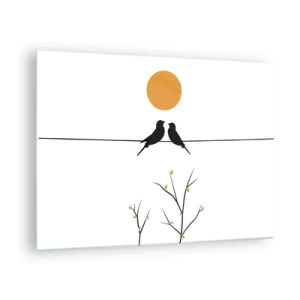 Schilderen op glas - Vogels op een lijn onder een oranje zon - 70x50cm - Nachtegalen avond - Moderne wanddecoratie voor woonkamer en slaapkamer ARTTOR