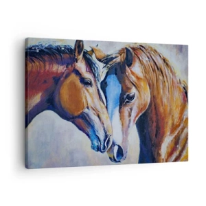 Schilderen op canvas - Een picturale weergave van twee paarden in een vriendelijke omgeving. - 70x50cm - Is het vriendschap? is het liefde? - Moderne wanddecoratie voor woonkamer en slaapkamer ARTTOR