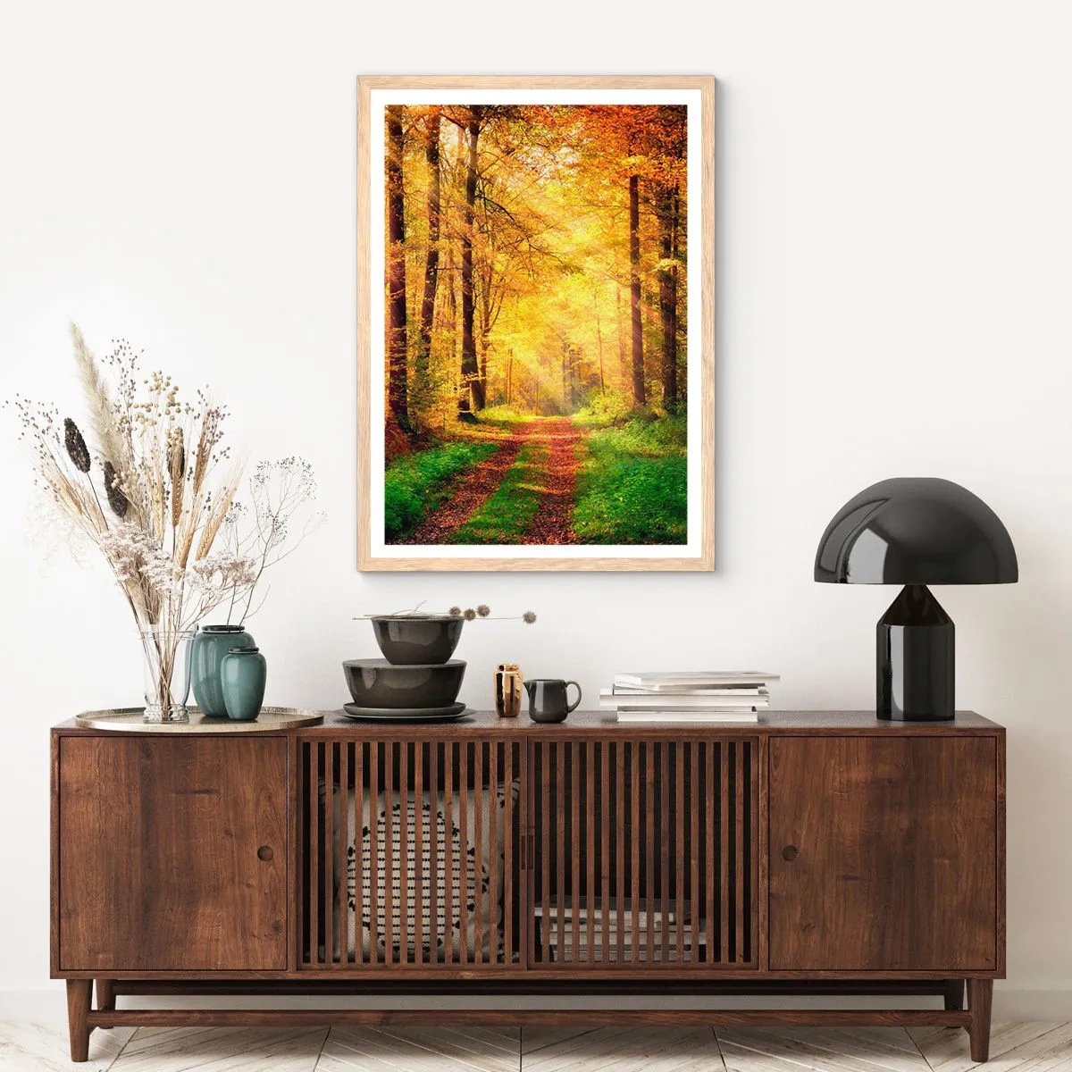Een poster in een licht eiken lijst - Bos-gouden stilte - 70x100 cm