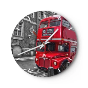 Wandklok - Klok - Een rode Londense bus tegen een achtergrond van historische gebouwen - 30x30cm - Altijd hetzelfde - Moderne wanddecoratie voor woonkamer, keuken en slaapkamer ARTTOR