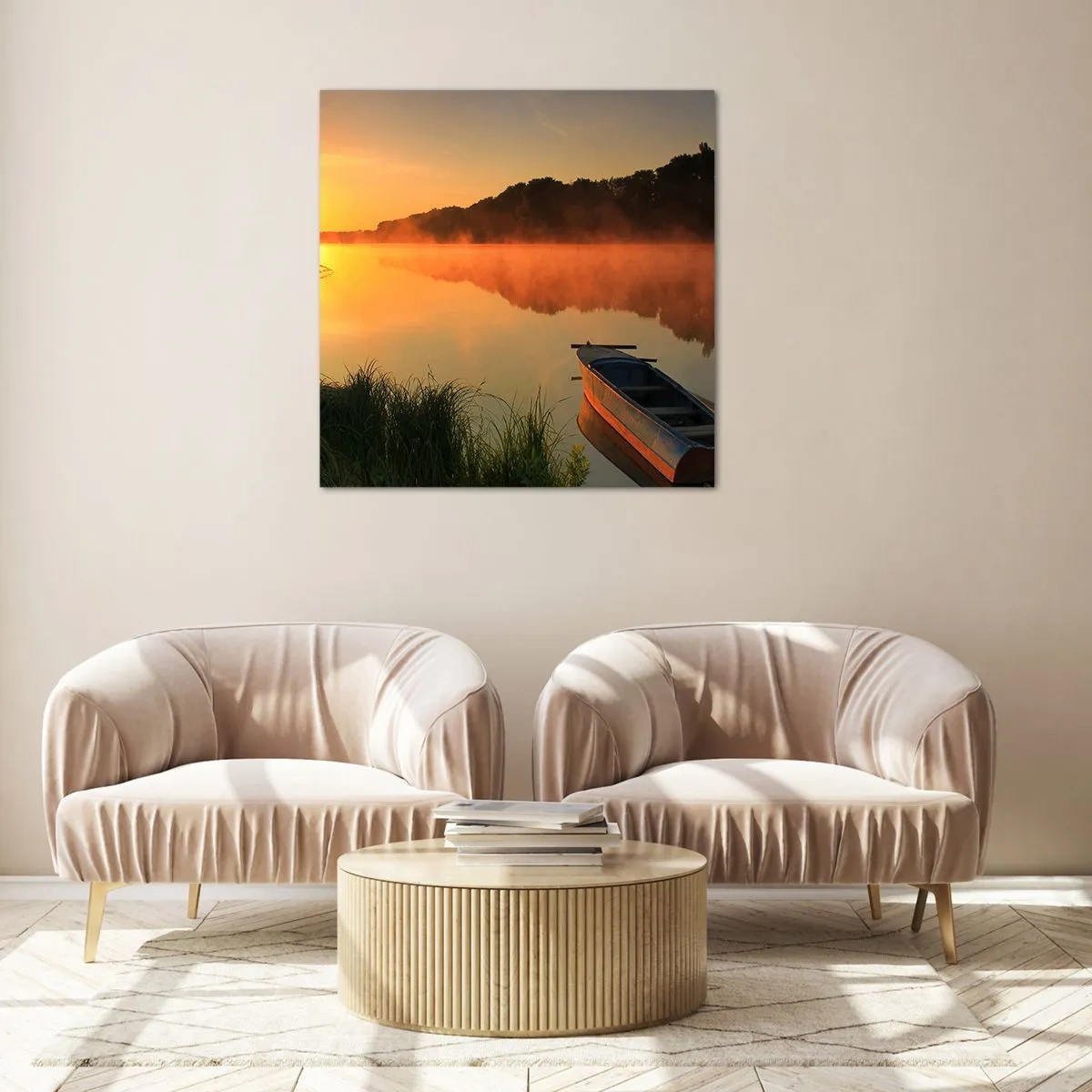 Schilderen op glas - Zonsopgang boven het water als een spiegel - 70x70 cm