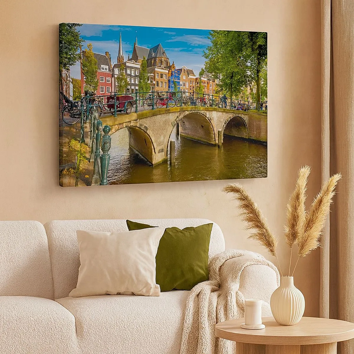 Schilderen op canvas - Een pittoresk kanaal met een brug in Amsterdam - 70x50cm - Lente aan de gracht - Moderne wanddecoratie voor woonkamer en slaapkamer ARTTOR